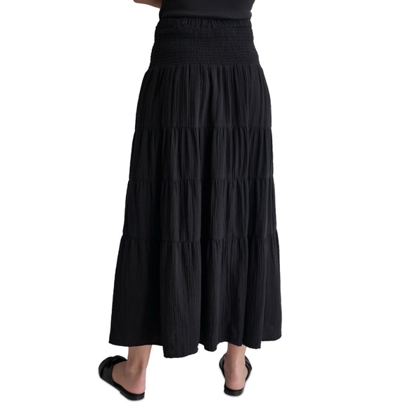 DKNY Women's Cotton Smocked-Waist Tiered Maxi Skirt  in Black Size Large - Picture 4 of 10